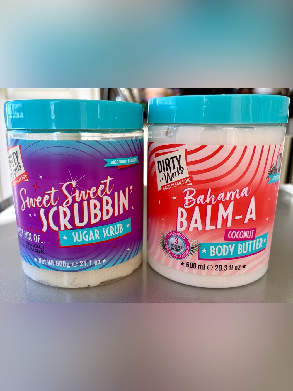 NWT- Set of 2 Dirty Works - Bahama Balm Body Butter & Sugar Body Scrub. XL size!